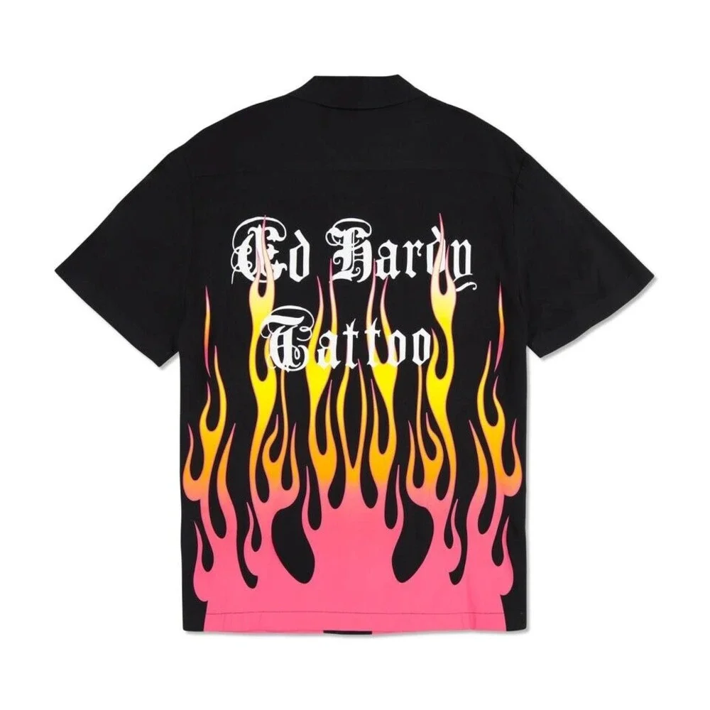 Ed Hardy Fire Heart Collar Button Up Shirt Mens‎ Size Medium Black Viscose Silk